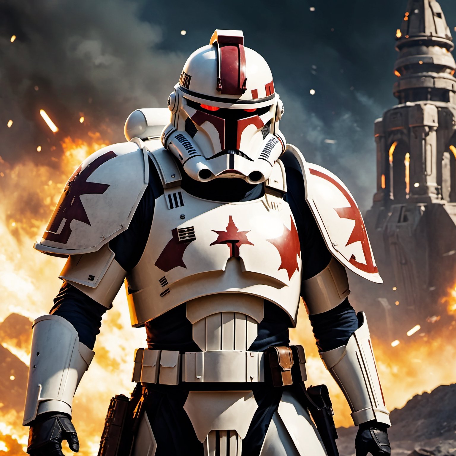 (8k HDR), (masterpiece, best quality), ((Dark Fantasy)), 

"Generate an image of a Clone Trooper from the Star Wars universe transformed into a mighty Space Marine of the Warhammer 40k universe. His armor, once sleek and white, now bears the iconic colors and symbols of the Space Marines, adorned with intricate filigree and embellishments that mark him as a warrior of the Adeptus Astartes. The trooper's helmet has been redesigned to incorporate the intimidating features of a Space Marine helm, with glowing red eyes and a stoic expression that speaks of unwavering determination. In one hand, he wields a bolter, a weapon of devastating power and precision, while in the other hand, he carries a combat knife with a serrated edge, ready to engage in close-quarters combat. Behind him, the backdrop depicts a war-torn battlefield littered with the remnants of battle, as he stands tall and resolute, a beacon of strength and valor in the grim darkness of the far future."

(michael bay camera shots), dark atmosphere, vibrant colors, depth of field, 2D