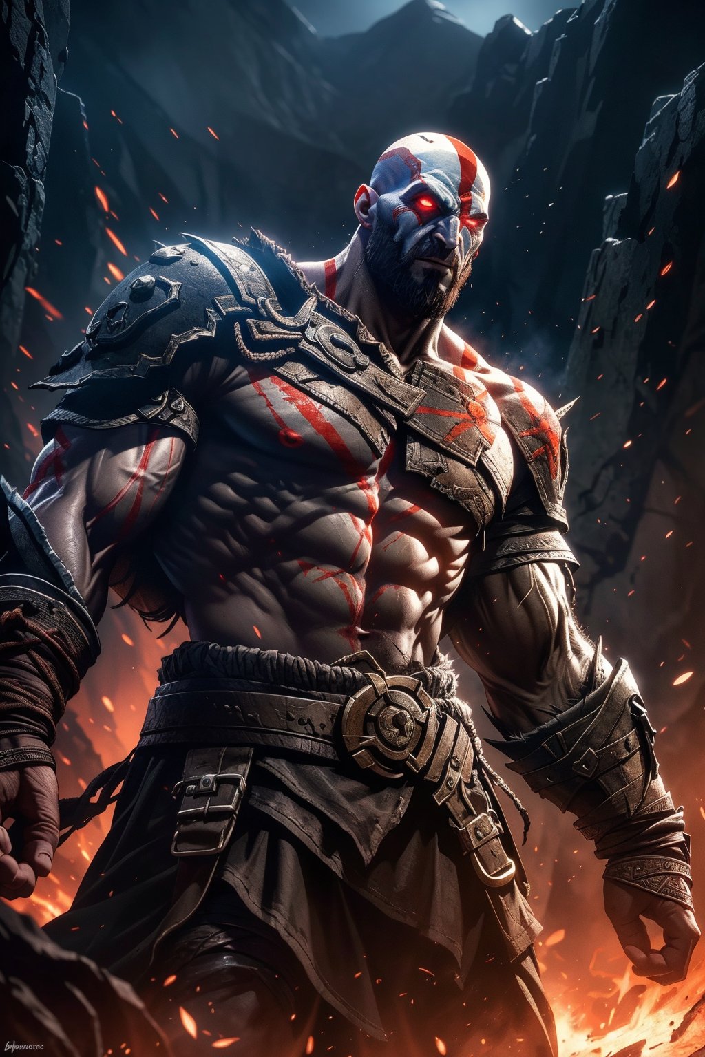 (best quality), (4K, HDR), Wallpaper, dark fantasy Kratos from God of War, bloody, glowing eyes, dark, (upper torso shot), 