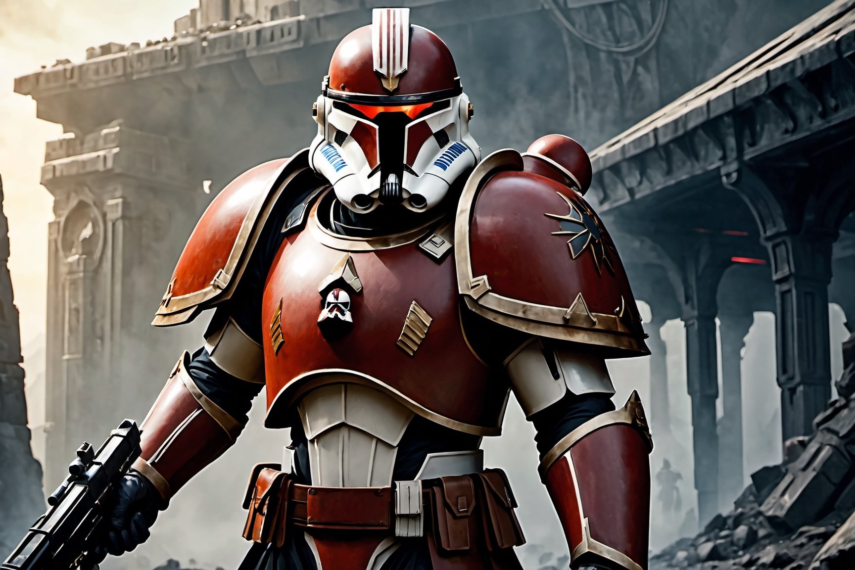 (8k HDR), (masterpiece, best quality), ((Dark Fantasy)), 

"Generate an image of a Clone Trooper from the Star Wars universe transformed into a mighty Space Marine of the Warhammer 40k universe. His armor, once sleek and white, now bears the iconic colors and symbols of the Space Marines, adorned with intricate filigree and embellishments that mark him as a warrior of the Adeptus Astartes. The trooper's helmet has been redesigned to incorporate the intimidating features of a Space Marine helm, with glowing red eyes and a stoic expression that speaks of unwavering determination. In one hand, he wields a bolter, a weapon of devastating power and precision, while in the other hand, he carries a combat knife with a serrated edge, ready to engage in close-quarters combat. Behind him, the backdrop depicts a war-torn battlefield littered with the remnants of battle, as he stands tall and resolute, a beacon of strength and valor in the grim darkness of the far future."

(michael bay camera shots), dark atmosphere, vibrant colors, depth of field, 2D