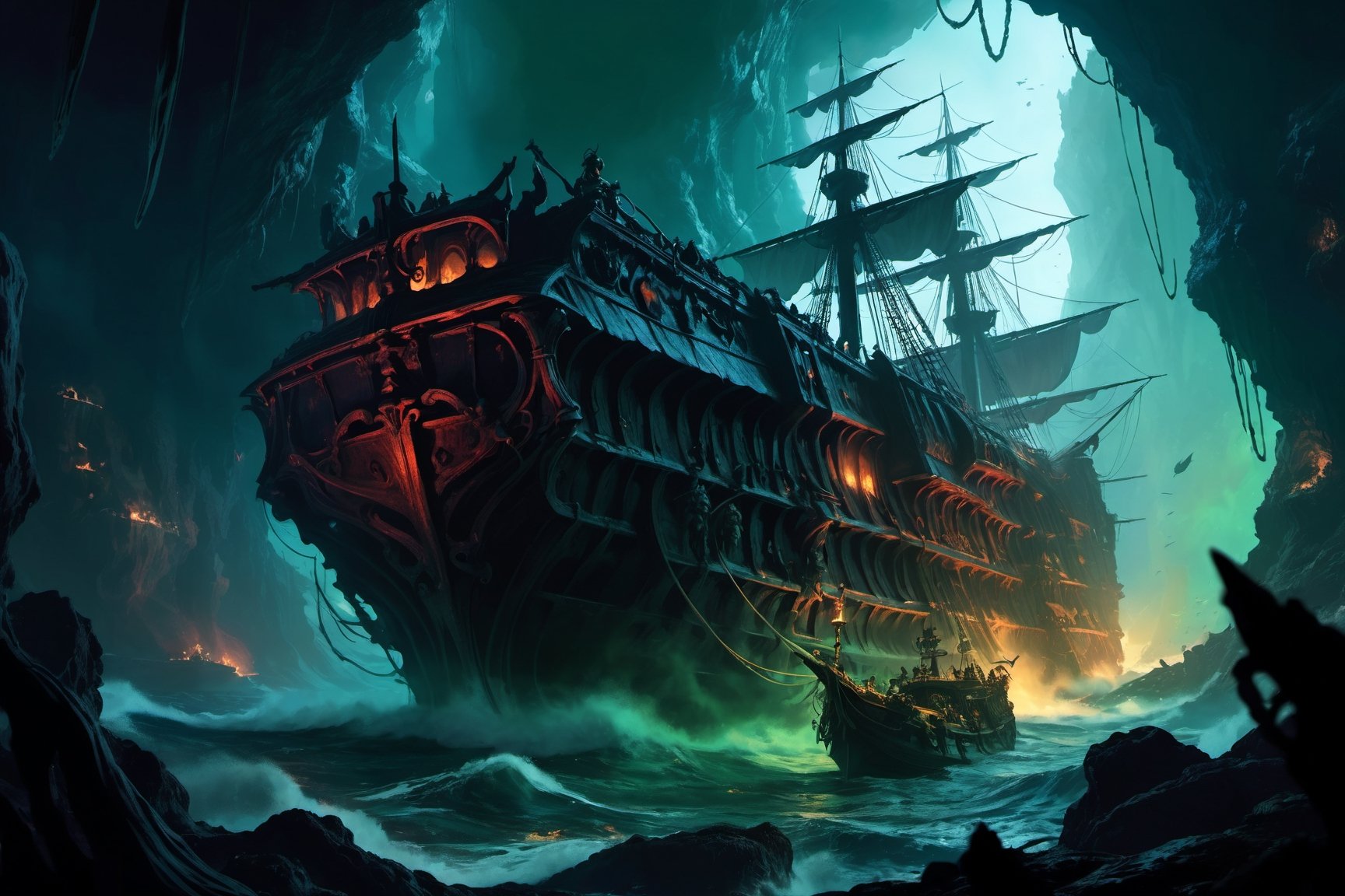 (8k HDR), (masterpiece, best quality),

Davy Jones, Captain of the Daemon Ship:

"Davy Jones commands the Flying Dutchman, a cursed starship sailing the immaterial seas of the Warp. As a Daemon Prince of Nurgle, Jones and his crew of Plague Marines and decayed souls spread disease and despair. His ship, a grotesque fusion of organic growth and rusting metal, emerges from the Warp to unleash terror on the material worlds."

dark and vibrant, mystical, (micheal bay cinematic shots), depth of field, 2D