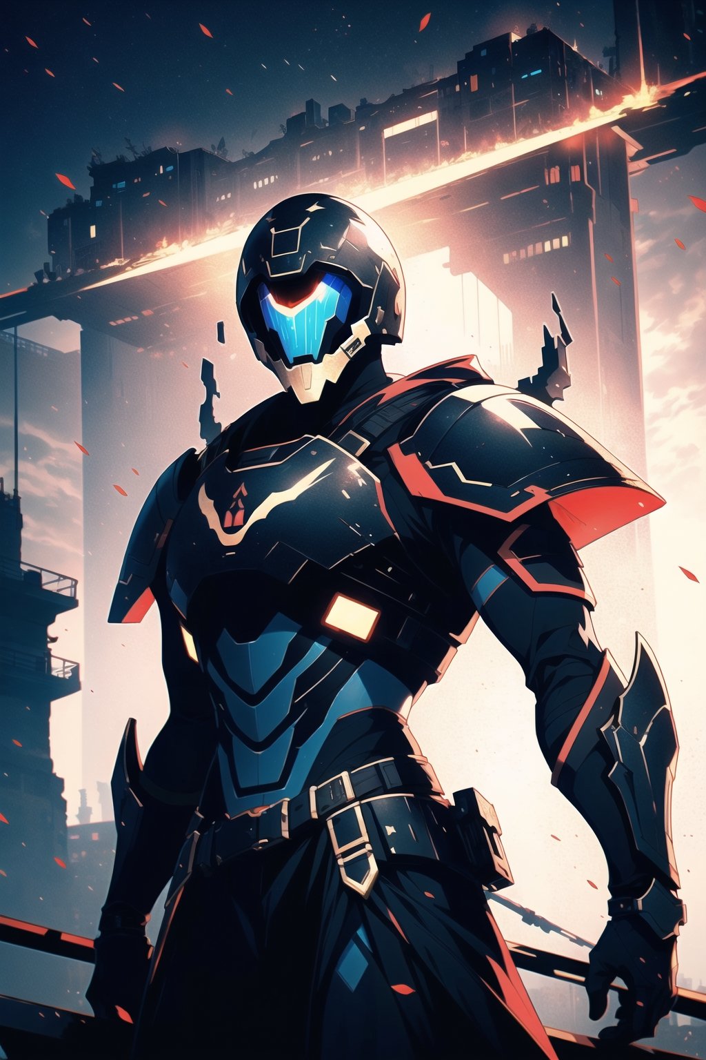 (masterpiece, best quality), (4K, UHD), (Bungie's Destiny), a male titan, wearing heavy plated armor, fiited with the best weapons, red and black color scheme, overlooking the last city of Earth from the citadel tower, 