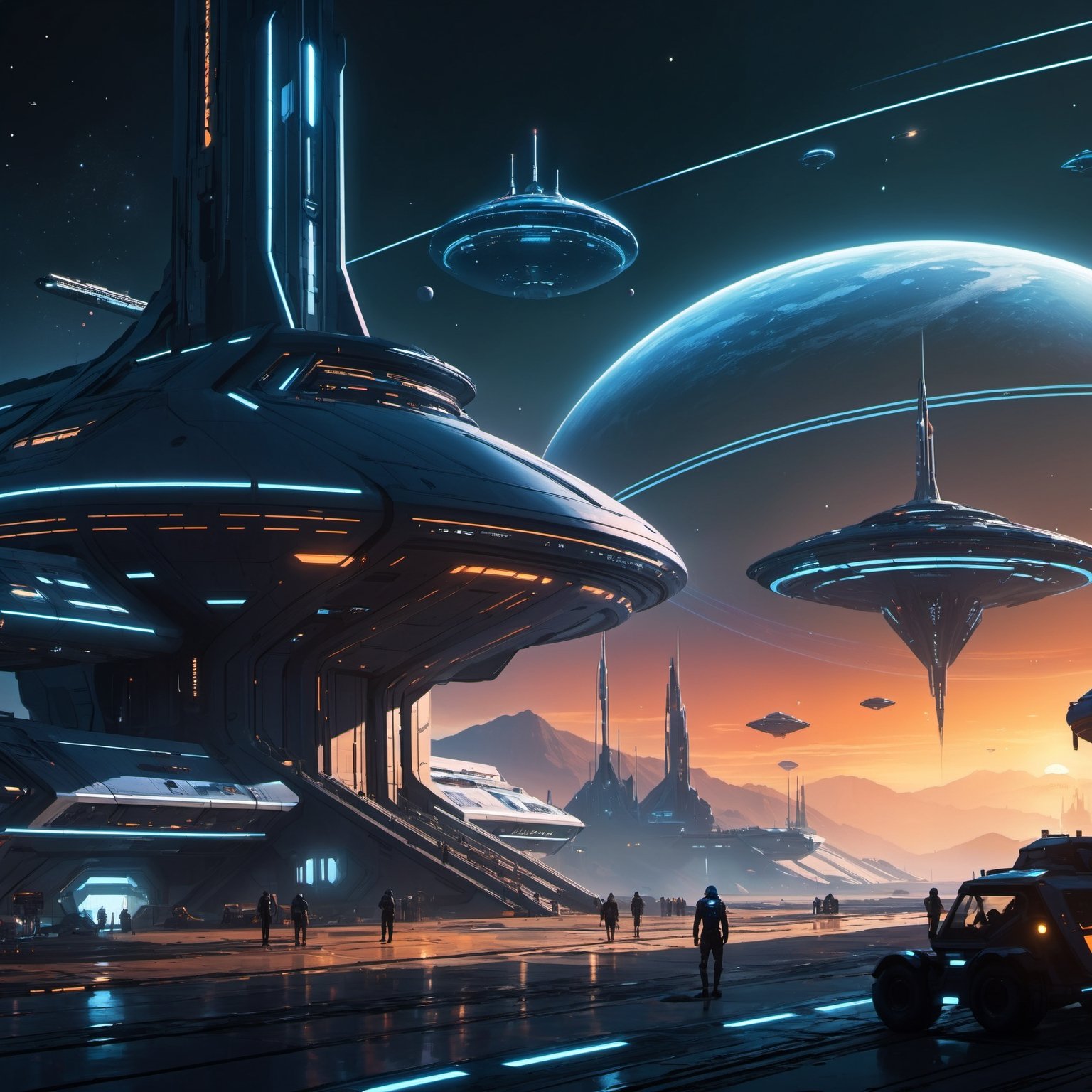 (8k HDR), (masterpiece, best quality), 

Futuristic Spaceport at Dawn:

"A bustling futuristic spaceport at dawn, with starships of various designs docking and departing. Travelers from different galaxies mingle, their diverse appearances a testament to the vastness of the universe. Ground crews prepare ships for launch against a backdrop of a rising alien sun, casting a hopeful light on the day’s journeys."

dark and vibrant, science fiction, night, (James Cameron cinematic shots), depth of field, 2D