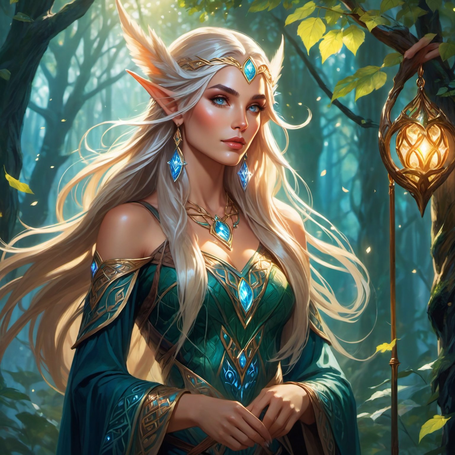 (masterpiece, best quality), (8K, UHD),

"Create an image of a stunning female elf, reminiscent of the ones in World of Warcraft, standing gracefully in an enchanted forest. Her long, flowing hair is adorned with delicate, glowing runes, and her pointed ears are framed by elegant elven jewelry. She wears an intricate, shimmering gown that seems to be woven from moonlight and leaves. Her eyes are bright and filled with wisdom, and her hands are raised as she casts a powerful, majestic spell. Glowing magical symbols and ethereal lights swirl around her, illuminating the forest with an otherworldly glow. The scene is rich with vibrant colors, ancient trees, and mystical creatures, reflecting the elf's deep connection to nature and her awe-inspiring magical prowess."

vibrant colors, glowing, 