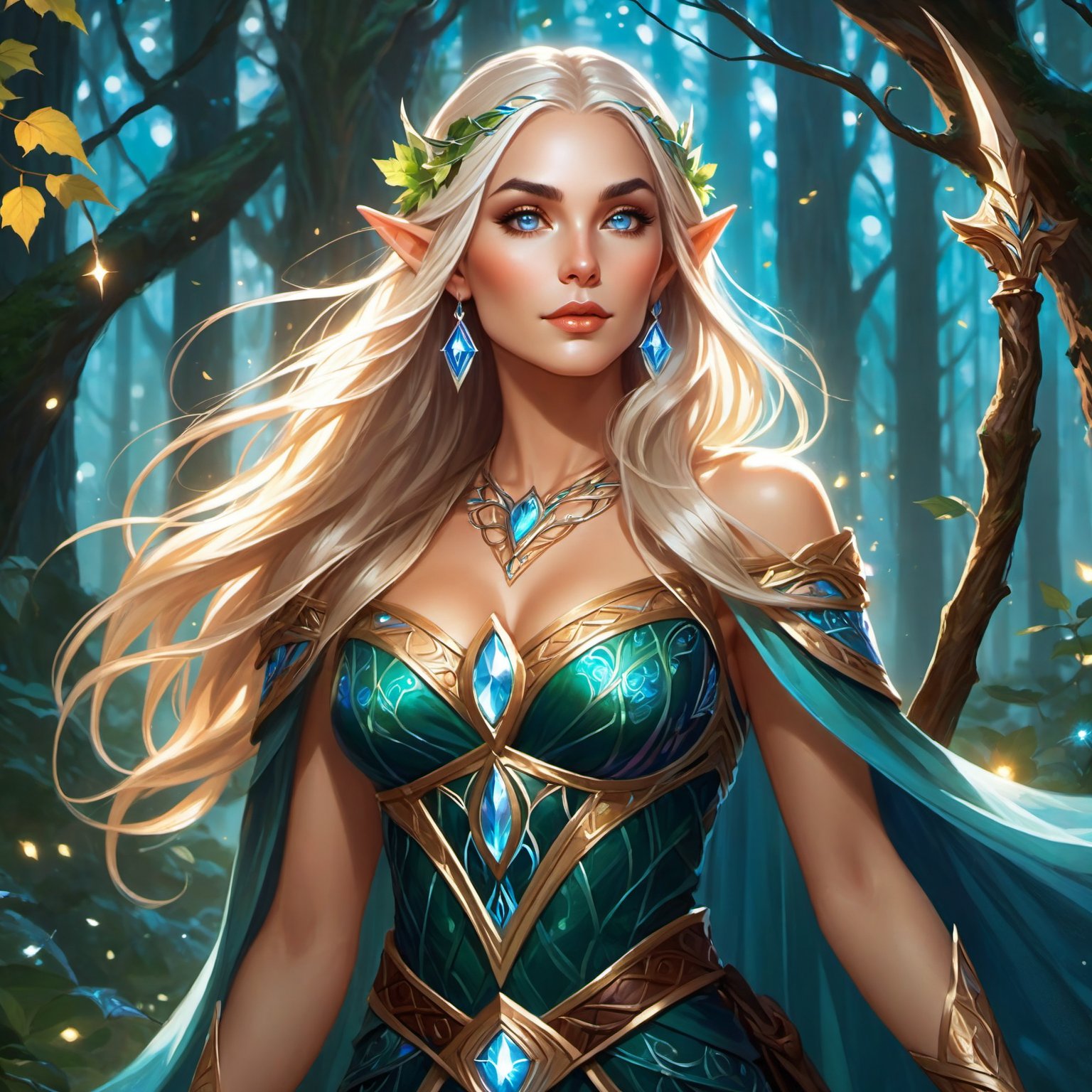 (masterpiece, best quality), (8K, UHD),

"Create an image of a stunning female elf, reminiscent of the ones in World of Warcraft, standing gracefully in an enchanted forest. Her long, flowing hair is adorned with delicate, glowing runes, and her pointed ears are framed by elegant elven jewelry. She wears an intricate, shimmering gown that seems to be woven from moonlight and leaves. Her eyes are bright and filled with wisdom, and her hands are raised as she casts a powerful, majestic spell. Glowing magical symbols and ethereal lights swirl around her, illuminating the forest with an otherworldly glow. The scene is rich with vibrant colors, ancient trees, and mystical creatures, reflecting the elf's deep connection to nature and her awe-inspiring magical prowess."

vibrant colors, glowing, 