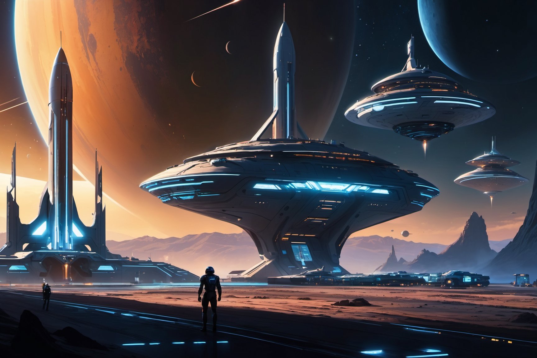 (8k HDR), (masterpiece, best quality), 

Futuristic Spaceport at Dawn:

"A bustling futuristic spaceport at dawn, with starships of various designs docking and departing. Travelers from different galaxies mingle, their diverse appearances a testament to the vastness of the universe. Ground crews prepare ships for launch against a backdrop of a rising alien sun, casting a hopeful light on the day’s journeys."

dark and vibrant, science fiction, night, (James Cameron cinematic shots), depth of field, 2D