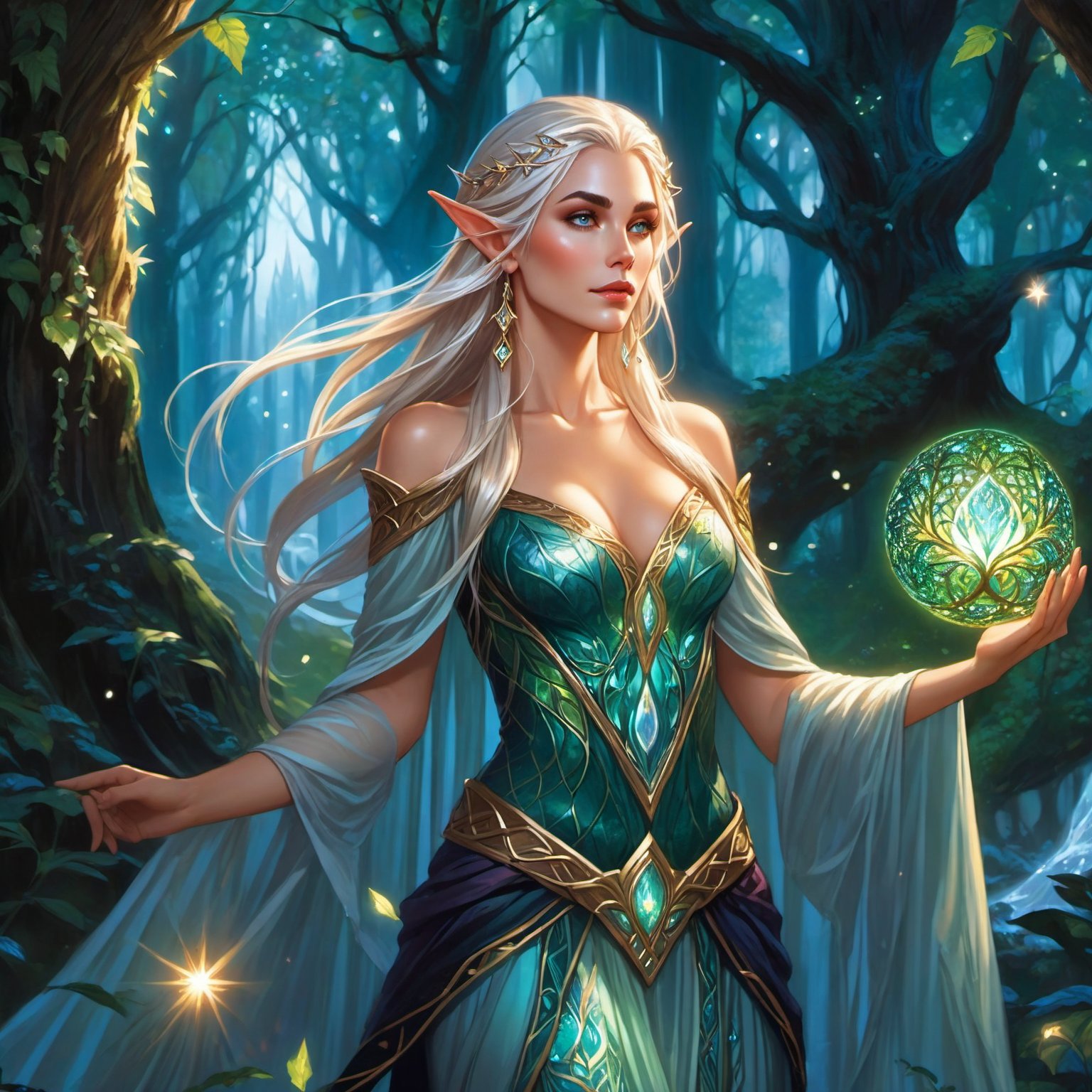 In this breathtaking 8K UHD masterpiece, a resplendent female elf stands majestically in an enchanted forest, radiating wisdom and power. Her flowing hair, adorned with delicate glowing runes, cascades down her back like a river of moonlight. Framed by elegant elven jewelry, her pointed ears seem to be listening to the whispers of the forest. The intricate shimmering gown hugs her curves, woven from the essence of leaves and moonbeams. Her eyes burn bright with inner light, as she raises her hands to cast a majestic spell. Glowing magical symbols and ethereal lights swirl around her, bathing the ancient trees and mystical creatures in an otherworldly glow. The vibrant colors of this enchanted scene burst forth with radiant intensity, reflecting the elf's profound connection to nature and her awe-inspiring magical prowess.