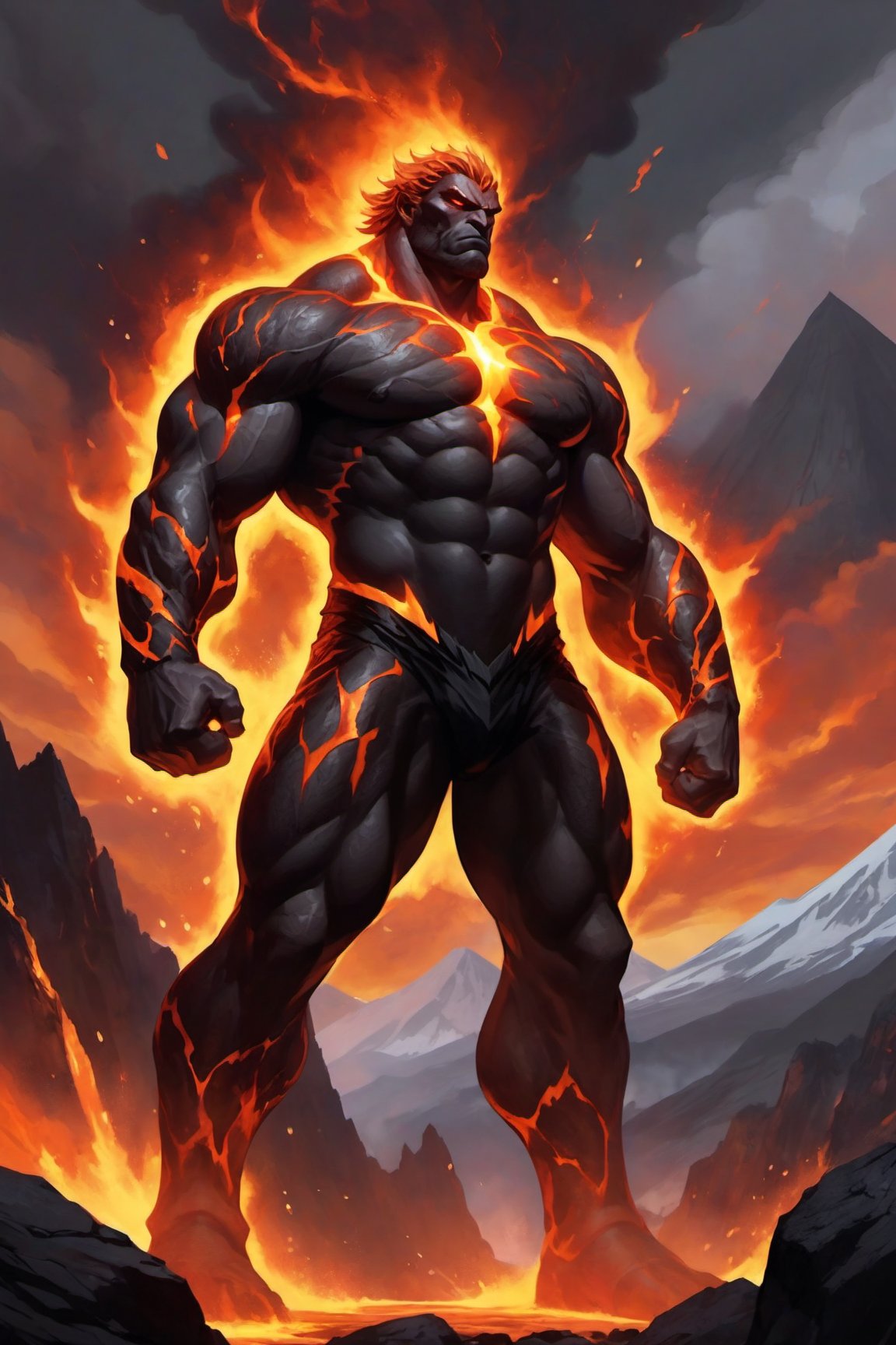 Within a blazing, crimson-lit backdrop of erupting volcanoes and rivers of magma, a majestic hero stands tall, forged from the very essence of volcanic rock. His powerful physique is sculpted from dark, rugged stone, with veins of molten lava pulsating like fiery arteries, casting an otherworldly glow on his imposing form. His blazing eyes radiate intense determination, while his hands, surrounded by an aura of heat and magma, appear ready to unleash unbridled fury upon the landscape. As molten lava drips from his fists, the hero's rocky exterior appears cracked, revealing a glowing core that pulsates with raw power and resilience.