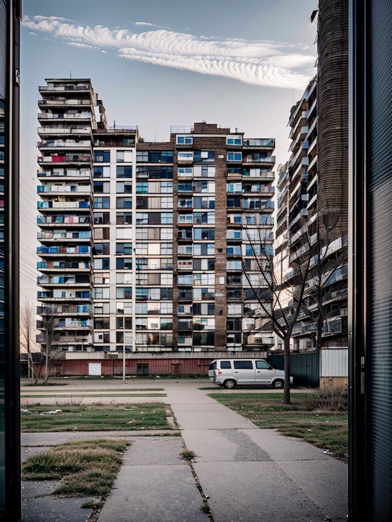 a black and white photo of a very tall building, soviet apartment buildings, tonal topstitching, full width, backyard, seen from the long distance, slum, single color, cinematic widescreen shot, inside an old apartment, modern color, 2 0 1 0 photo, junktown, balcony, 2 0 1 5, building facing