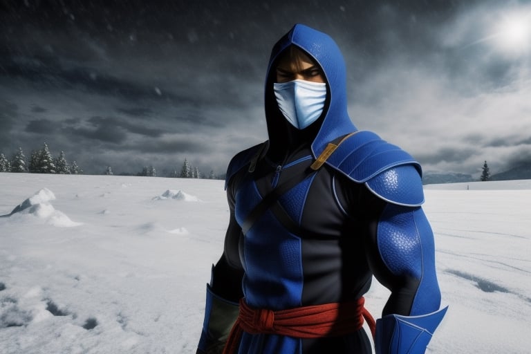 (masterpiece), best quality, ((perfect face)), Sub-zero from Mortal Kombat, holding an Ice axe, ligth blue ninja suit, Snow storm in the background