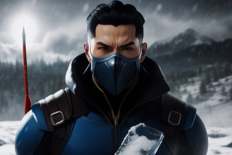 (masterpiece), best quality, ((perfect face)), Sub-zero from Mortal Kombat, holding an Ice axe, ligth blue ninja suit, Snow storm in the background