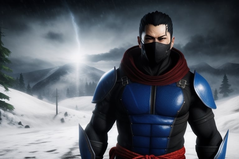 (masterpiece), best quality, ((perfect face)), Kuai-Liang from Mortal Kombat, holding an Ice axe, ligth blue ninja suit, Snow storm in the background, scar in rigth eye