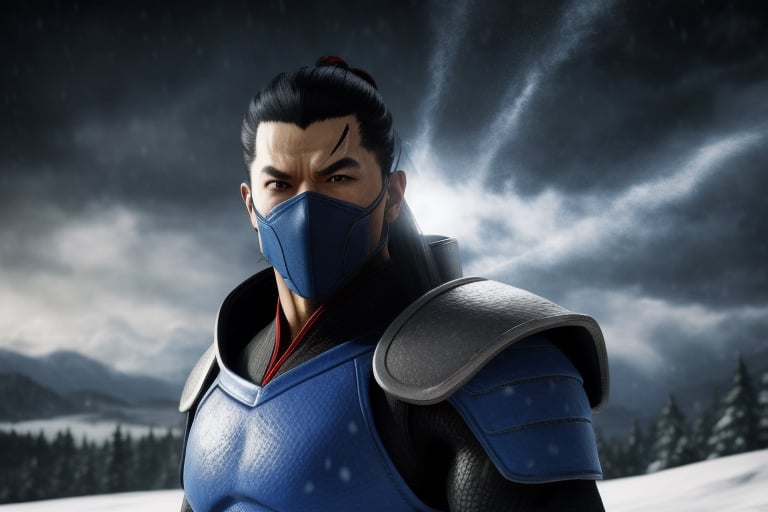 (masterpiece), best quality, ((perfect face)), Kuai-Liang from Mortal Kombat, holding an Ice axe, ligth blue ninja suit, Snow storm in the background