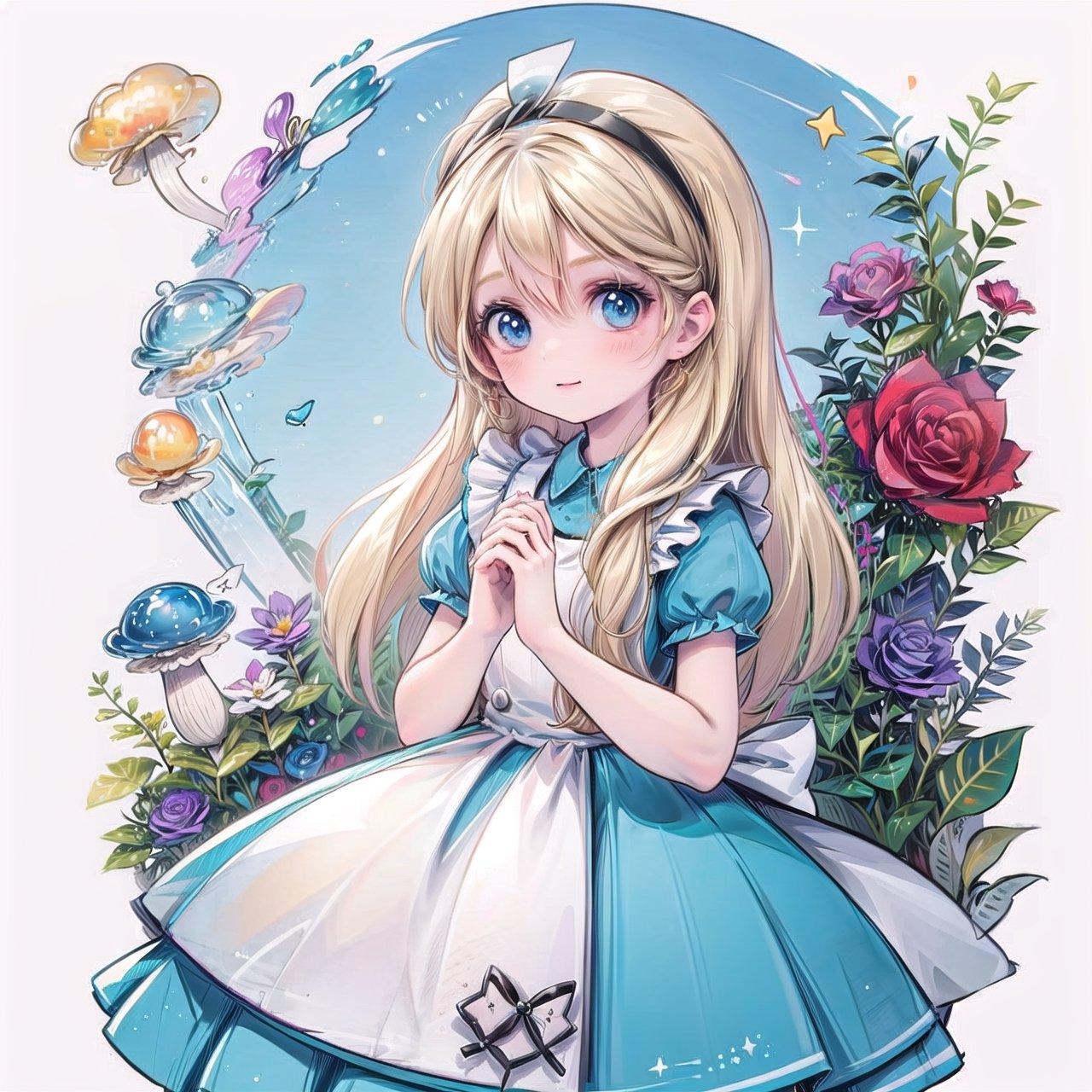 (masterpiece), best quality, 1 girl, (((nice hands, perfect hands))), cuteloli, AliceWonderlandWaifu,ShroomPunkAI, cheshire cat, caterpillar, white rabbit, roses