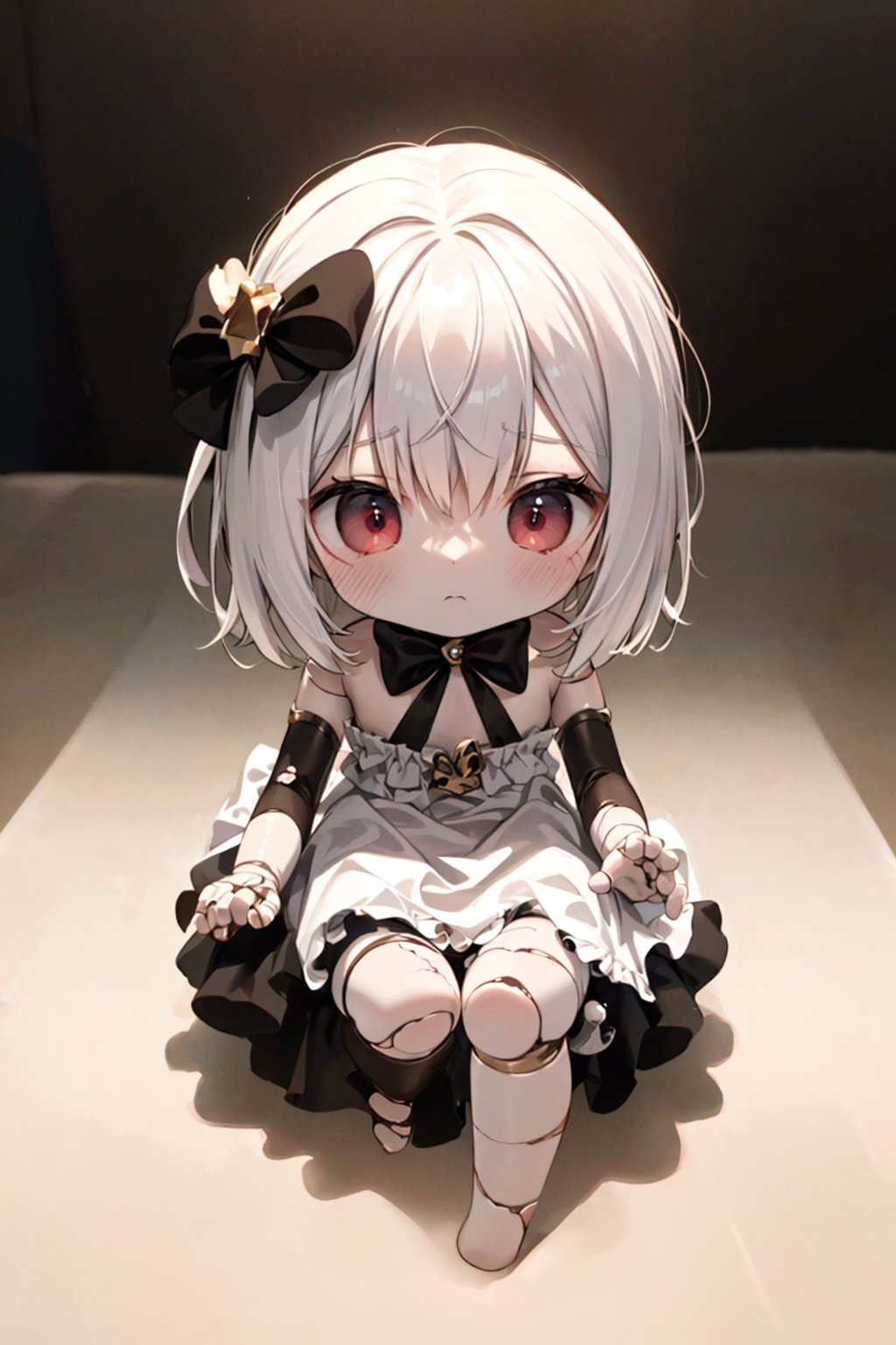 (hi res), (masterpiece), (best quality), ball-jointed doll, BJD, segmented joints, porcelain doll, lolita dress, (cracked skin, shattered skin, fractured skin, broken skin), sad, low lighting, full_body,