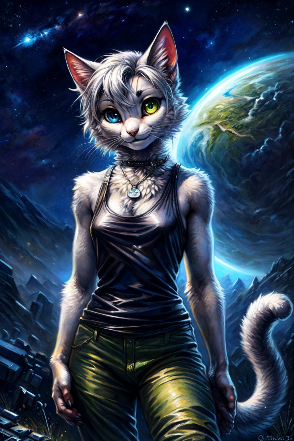 by kenket, by totesfleisch8, (by thebigslick, by silverfox5213:0.8), (by syuro:0.2), (by qupostuv35:1.2), (hi res), ((masterpiece)) , ((best quality)), illustration, furry, anthro, kemono, cat, (oriental cat, long nose), animal ears, body fur, 1girl, solo, white hair, undercut, ((left blue eye, right yellow-green eye, heterochromia)), looking at viewer, confident, smile, cat girl, (((androgynous))), young adult, (sci-fi, battlefield, alien planet in sky), (((night, cool colors))), black tanktop, dog tag, medic, army pants, chill pose, furry anthropomorphic cat, furry cat nose, (((white fur))),belvor