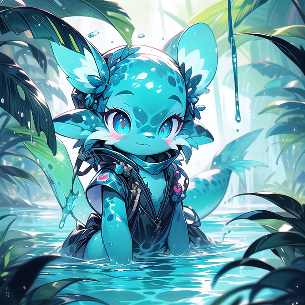 (masterpiece), best quality, detailed, ((anthro, furry, kemono)), 1girl, blue poison dart frog, amphibian, blue skin, black spots, wet skin, translucent fin ears, eel tail, no humans,FurryCore,alien rainforest, dark, nighttime, bioluminescent life