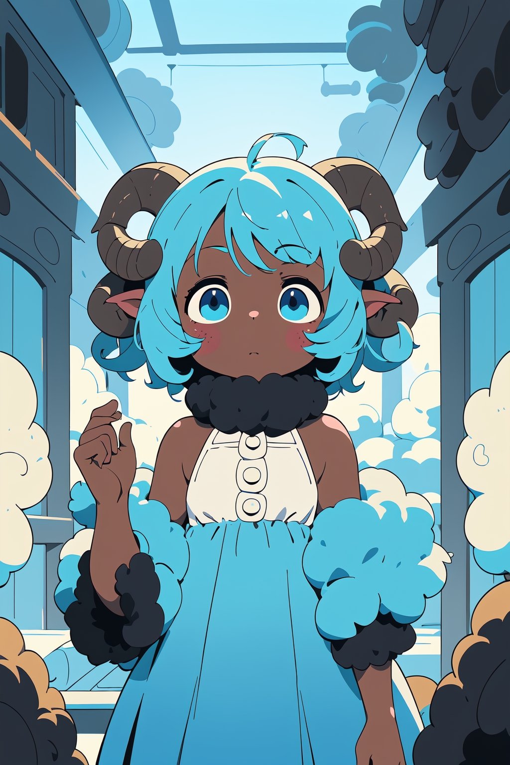 (masterpiece, best quality, highly detailed, ultra-detailed, intricate), anthro, furry, 1girl, cute, sheep girl, short light blue hair, curly_hair, curled_horns, blue eyes, sheep eyes, sheep ears, dark skin, scifi, cowboy_shot, layered_dress, alien scenery,FurryCore