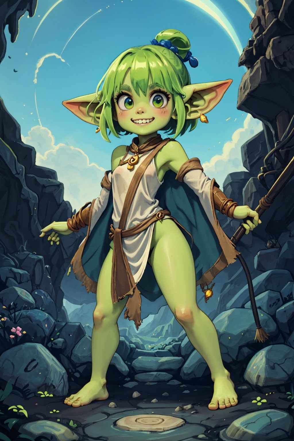 girl,(goblin girl),full body,pixar style,cute,messy hair, smilling, cave, playing, dim light, playful, colored skin, green skin, round face, big eyes, pointy teeth, tunic, barefoot, stone ground, stone walls, dirty skin, dirty clothes, torn_clothes