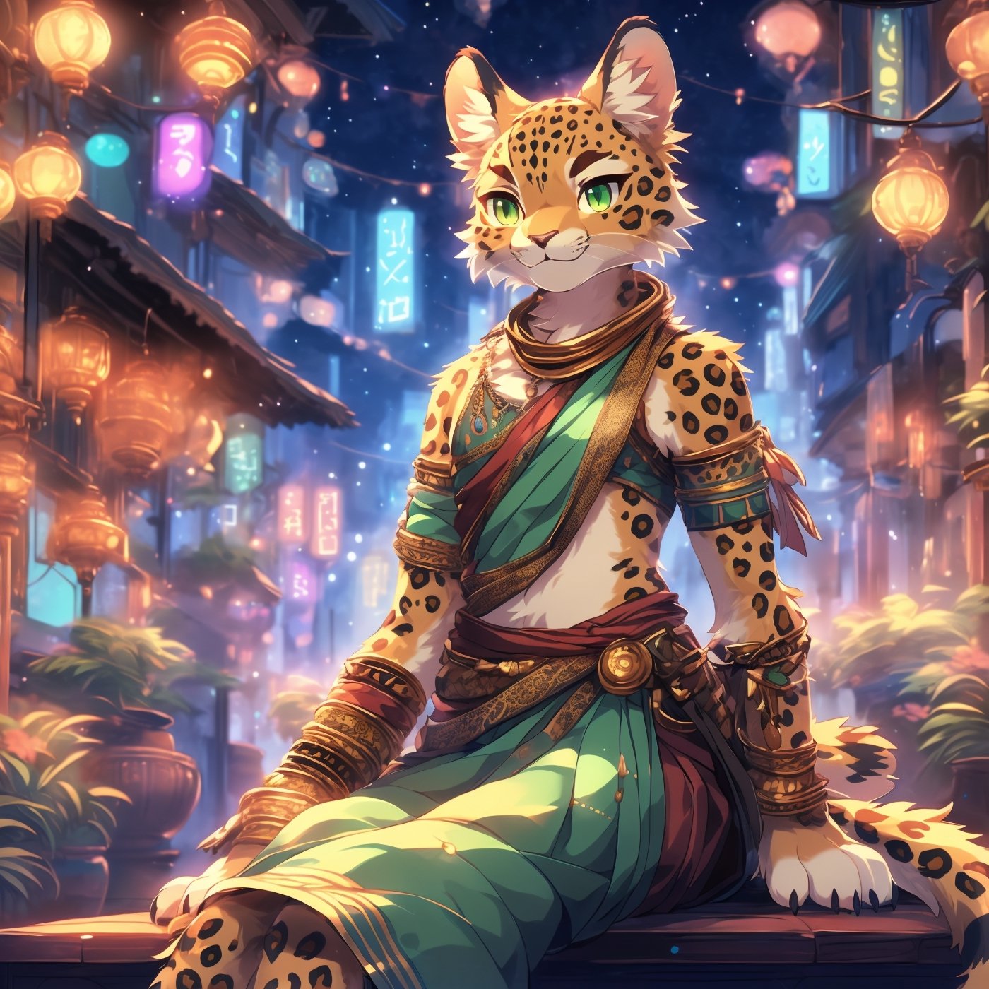 portrait, (Highest Quality, 4k, masterpiece, Amazing Details:1.1), 1other, solo, ((anthro, furry, kemono, leopard)), tabaxi street urchin, androgynous, beautiful, feminine, pretty, realistic fur, golden fur, detailed fur texture, (flat_chested), light green eyes, wearing a dhoti and saree, Shallow Depth of Field, thin eyebrows, no_hair, bald, smile, flirtatious, sitting, paws, key visual, vibrant, studio anime,furry,FurryCore,Night scene