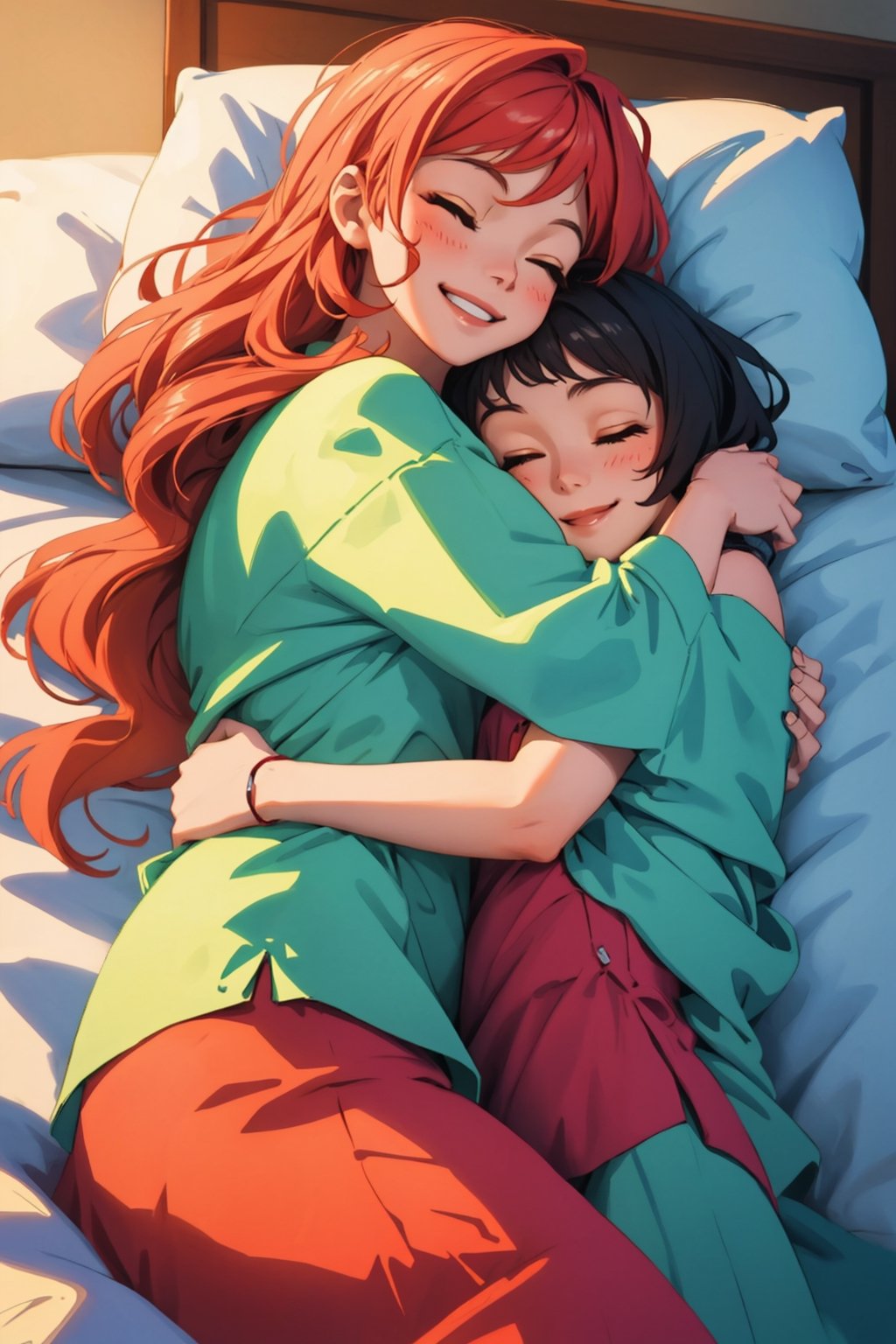 Woman and woman sleeping embraced, sleeping, smile,(closed eyes), hug, pajamas, bed time,