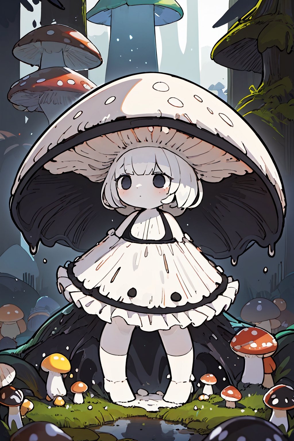 ((masterpiece,best quality)), highly detailed, intricate, cute, shy, black eyes, white hair, short hair, messy hair, pale, white skin, (inky cap, black cap), dripping, sad, hiding behind a tree, dark forest setting, ((white)) dress, frills, ShroomPunkAI,Mushroom_Girl, monster girl, (black slime:0.8)