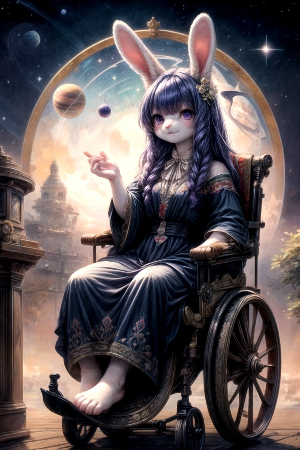 masterpiece, best quality, extremely detailed, nice hands, perfect anatomy, full_body, (anthro,furry,kemono), bunny, rabbit, animal ears, body fur, 
1girl, ((hair over one eye, bangs covering one eye, indigo hair,long hair)), (violet eyes), ((1910s clothes, black dress, embroidered indigo caftan, antique wood wheelchair, barefoot)), (planet earth in the sky), rabbit nose, observatory, stars, nighttime, white fur, steampunk, clockpunk, (delicate and graceful movements:1.3), (soft pastel colors:1.1), art_nouveau, art nouveau architecture, art nouveau designs,Hair over eye