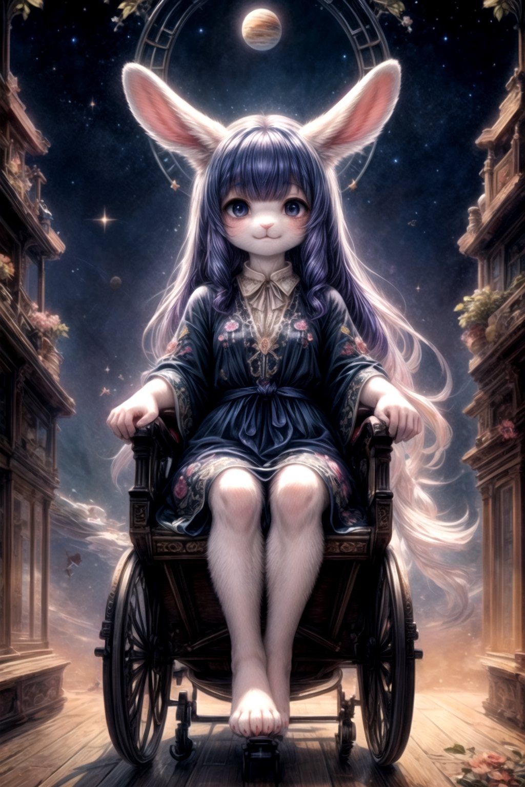 masterpiece, best quality, extremely detailed, nice hands, perfect anatomy, full_body, (anthro,furry,kemono), bunny, rabbit, animal ears, body fur, 
1girl, ((hair over one eye, bangs covering one eye, indigo hair,long hair)), (one eye, violet eye), ((1910s clothes, black dress, embroidered indigo caftan, antique wood wheelchair, barefoot)), (planet earth in the sky), rabbit nose, observatory, stars, nighttime, white fur, steampunk, clockpunk, (delicate and graceful movements:1.3), (soft pastel colors:1.1), art_nouveau, art nouveau architecture, art nouveau designs,Hair over eye