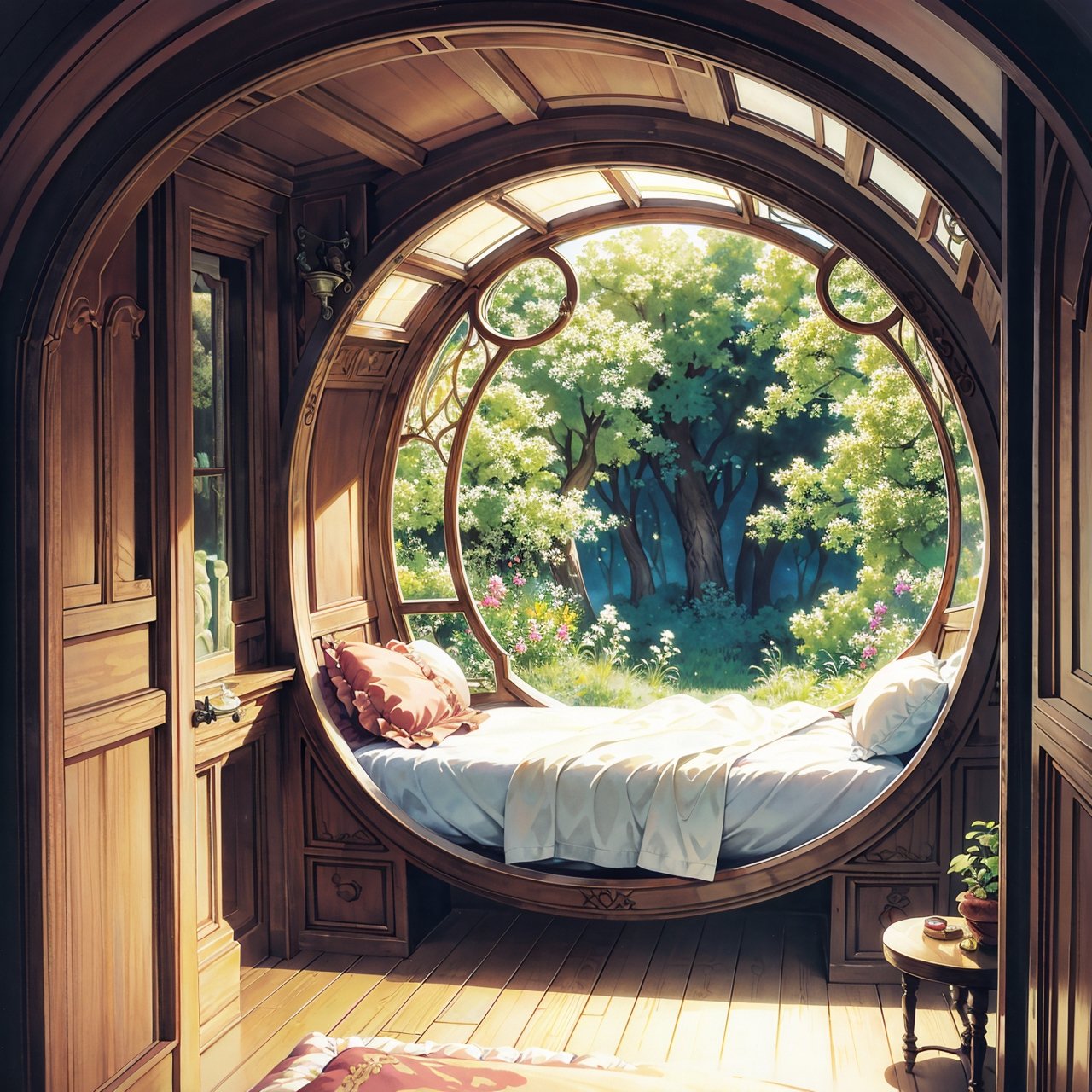 (alcove_bed, alcove), round window, cozy, art nouveau, fantasy,fantasy00d