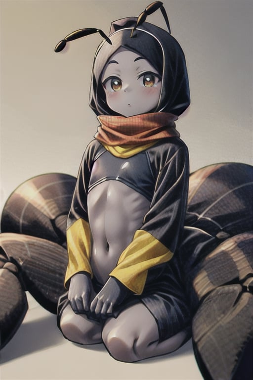 masterpiece, best quality, extremely detailed, HD, 8k, intricate, nice hands, ant girl, ant arachne, full_body, cute, skinny, big eyes, bug eyes, (insect legs), flat_chested, (colored skin, dark gray skin), no_humans,xyzabcheadscarf, head_wear, shalwar, antennae,