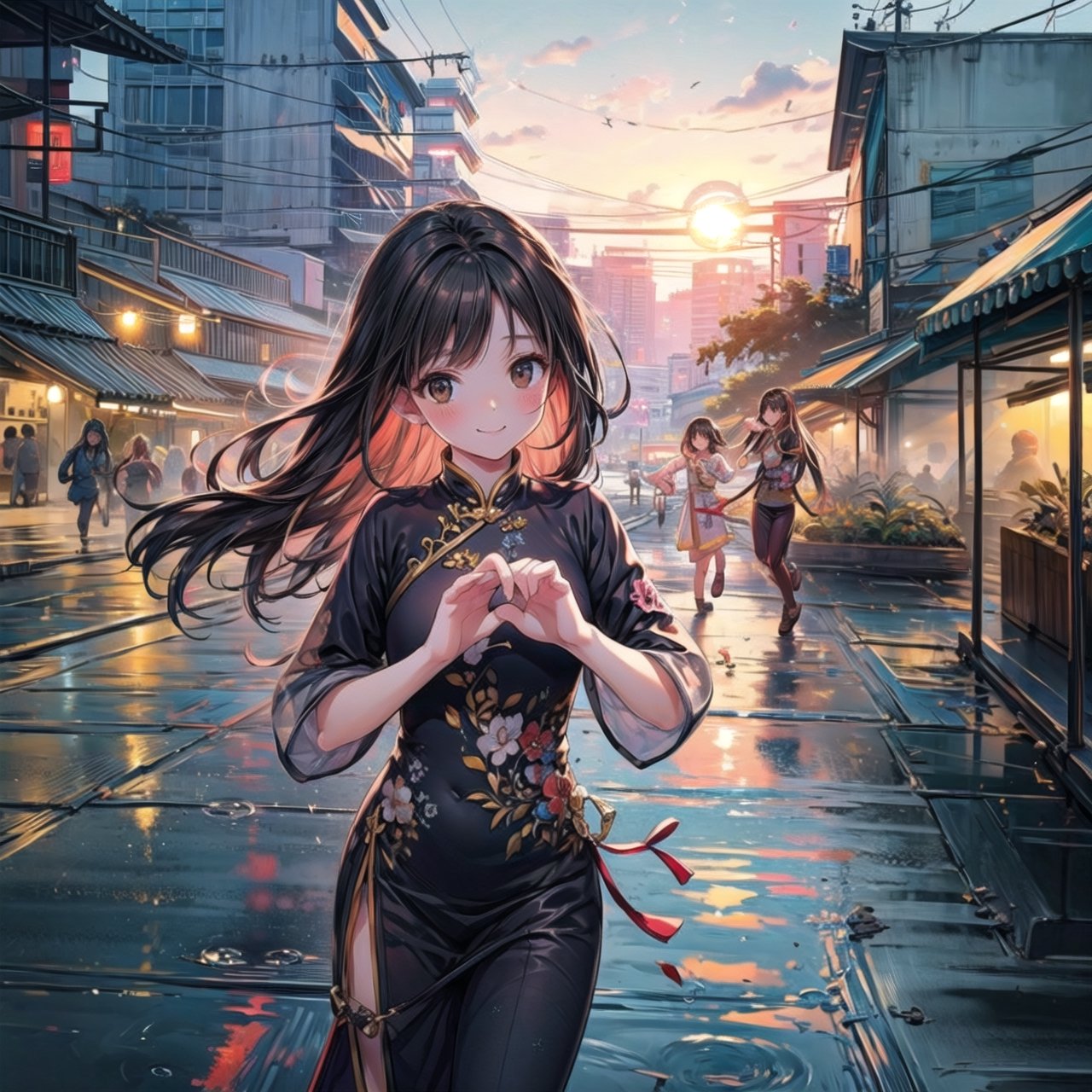 (masterpiece), best quality, (nice hands, perfect hands), closeup, beautiful, detailed, girl with bright sunrise behind her, smile, looking at viewer, (ao dai), black hair, brown eyes, after rain, running, dynamic pose, vietnamese market, watercolor,vnbeauty