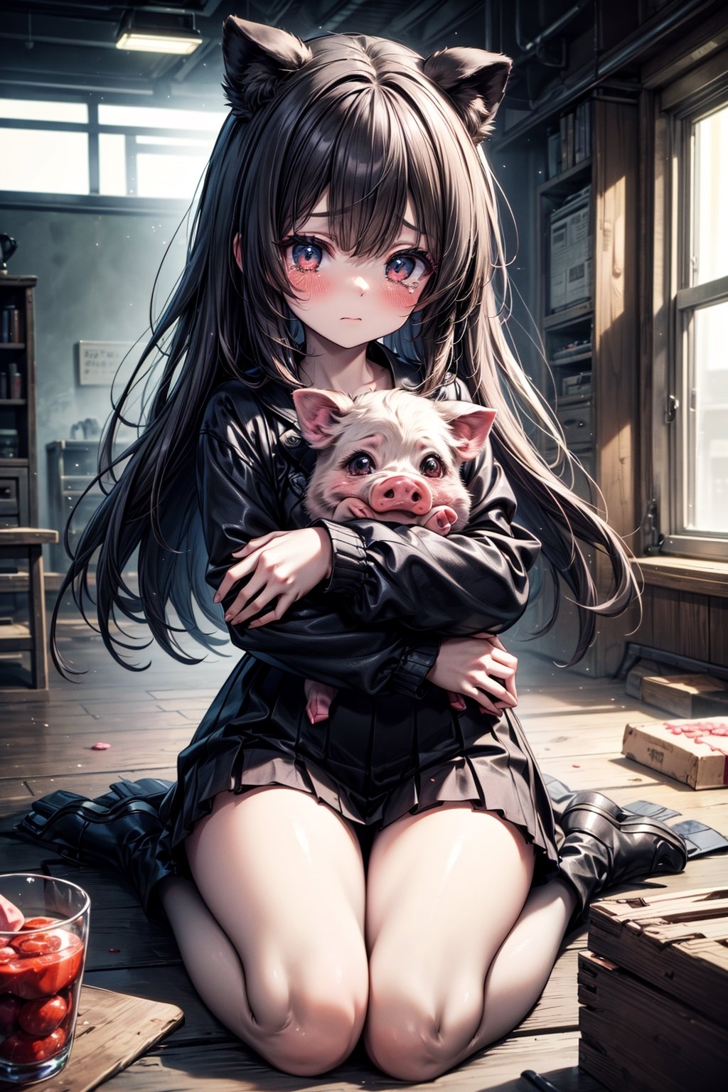 (masterpiece, best quality, highres:1.3), ultra resolution image, nice hands, perfect anatomy, 1girl, animal, pig, hooves, girl hugging a pig, sad, tears, kawaii, DarkTheme,hug,factory in the background