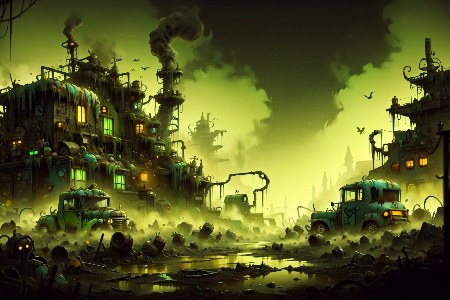 DonMCr33pyN1ghtm4r3, ToxicPunkAI, landscape, junkyard town, detailed, intricate,