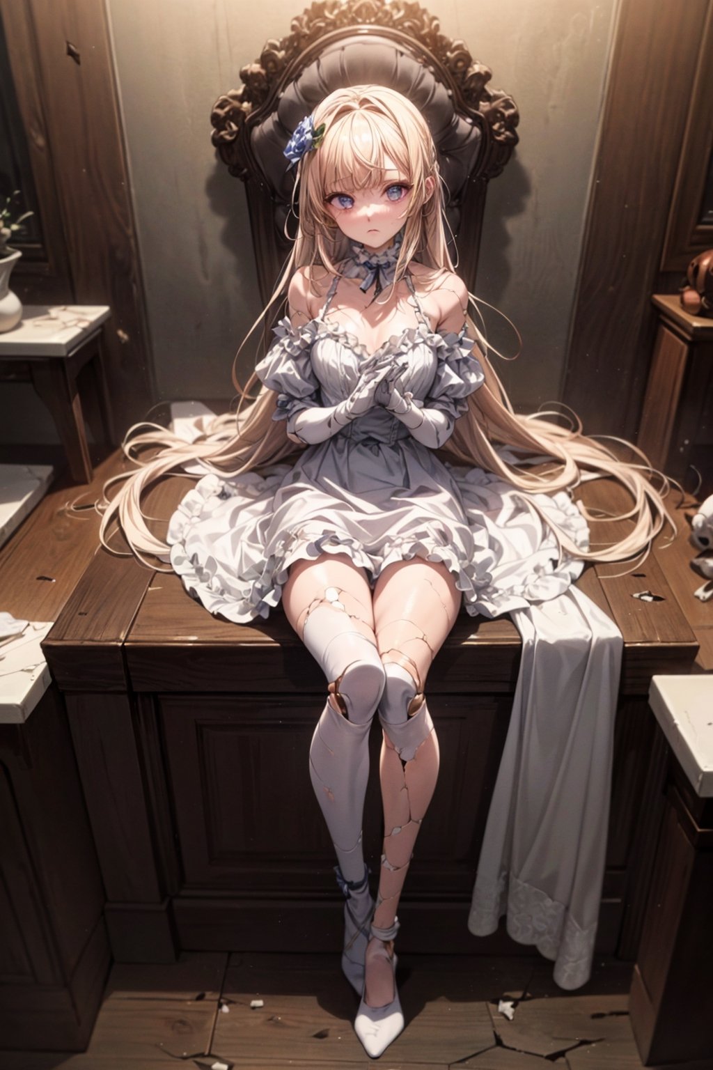 (hi res), (masterpiece), (best quality), (nice hands), ball-jointed doll, BJD, segmented joints, porcelain doll, lolita dress, (cracked skin, shattered skin, fractured skin, broken skin), sad, low lighting, full_body,