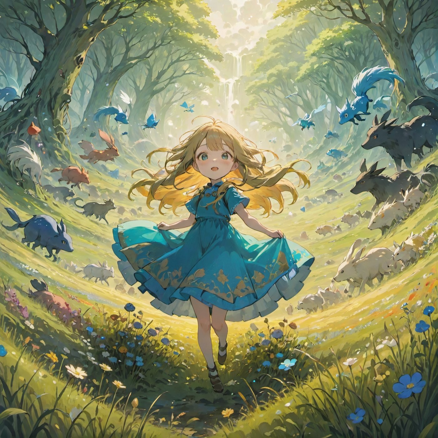 anime, pretty, young, (1girl), flowing hair, exploring, magical, Wonderland, vibrant, meadow, surrounded by fantastical creatures, lost, dreamlike, fear, obstacles, encasing landscape, cinematic, amazing composition, highly detailed, intricate, dynamic, beautiful, cute, EpicLand, 6000,detailmaster2