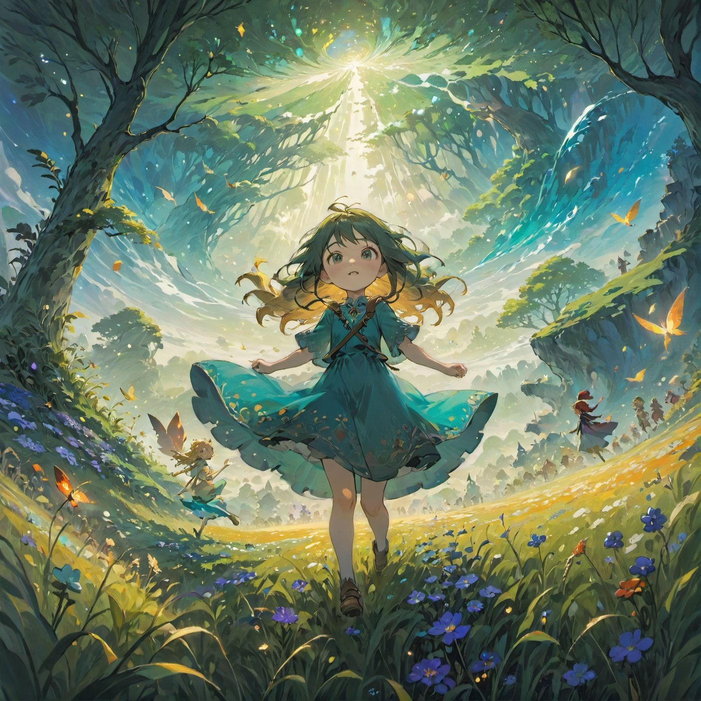 anime, pretty, young, (1girl), flowing hair, exploring, magical, Neverland, vibrant, meadow, surrounded by fantastical creatures, lost, dreamlike, fear, obstacles, encasing landscape, cinematic, amazing composition, highly detailed, intricate, dynamic, beautiful, cute, EpicLand, 6000,detailmaster2