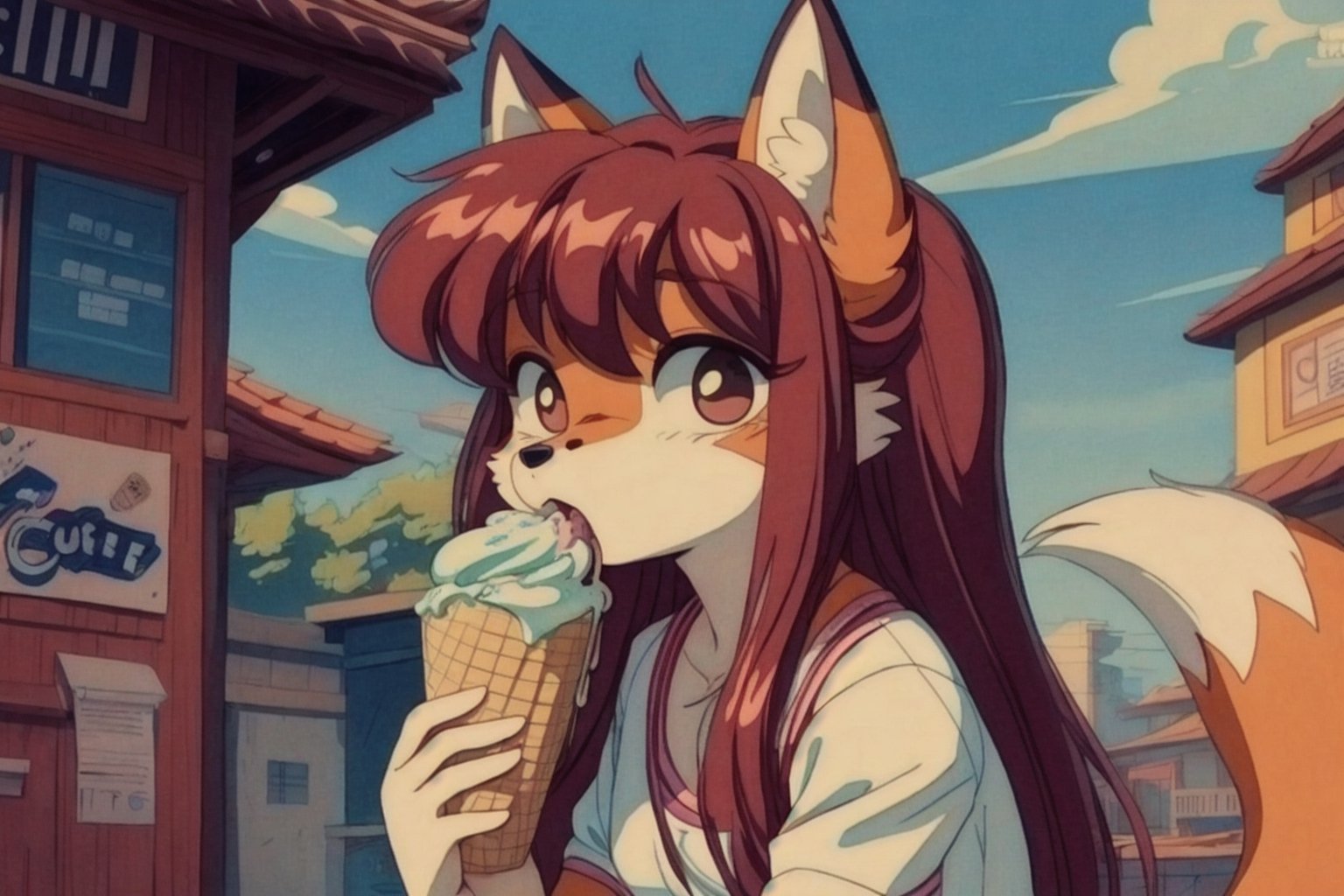 (masterpiece), best quality, (anthro, furry), (fox) girl, kawaii, cute, 90s, LOFI, red hair, long hair, brown eyes, orange fur, retro anime, lofi artstyle, loli, frilly white dress, eating icecream,Ice_Cream_Soft_Serve