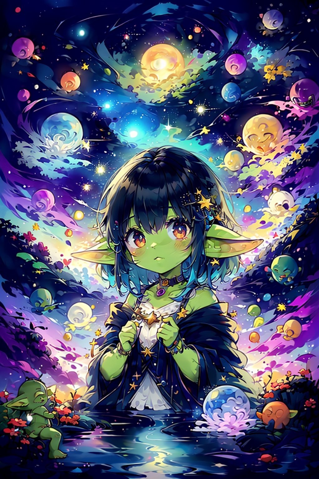 (masterpiece, best quality, highres:1.3), ultra resolution image, nice hands, perfect hands, (1girl), (((goblin girl))), kawaii, flowing black hair, short hair, flat_chested, galaxy, eyes glinting, vibrant comets, symphony cosmos, distant planet glowing, calm amidst, expanding universe, radiating ethereal elegance:1.4), stardust, nebulae, vivid color, celestial, vibrant constellations, stardust in hair, scenery, mystique, enchantment, star,EpicArt,