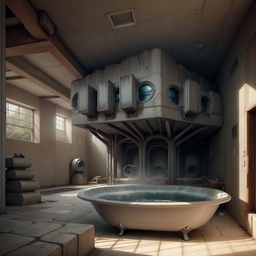 brutaltech, cement, scifi, traditional bath house, indoors,