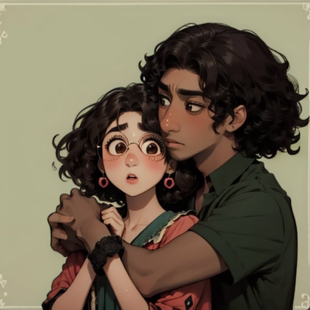 couple, two people, hug, one man and one woman hugging, kawaii, nice hands, perfect anatomy, (dark skin, brown skin), MirabelST, the girl is Mirabel,BrunoMadrigal, the boy is Bruno