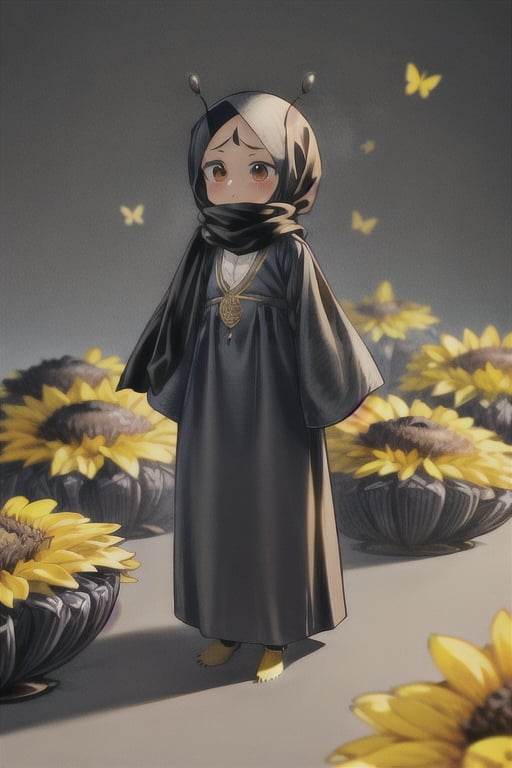 masterpiece, best quality, extremely detailed, HD, 8k, intricate, nice hands, ant girl, full_body, cute, big eyes, bug eyes, insect legs, flat_chested, dark gray skin, no_humans,xyzabcheadscarf, head_wear, hijab, shalwar kameez, antennae