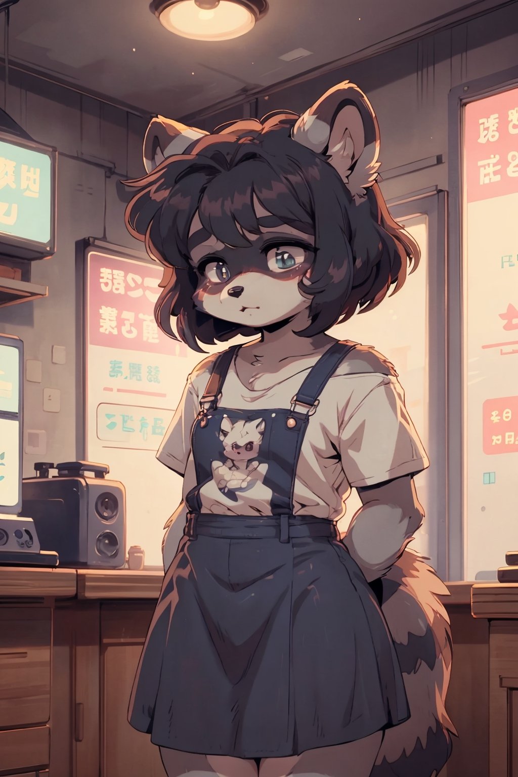 (masterpiece), best quality, (anthro, furry), (raccoon) girl, kawaii, cute, 90s, LOFI, black hair, bob_cut, straight shoulder length hair, teal eyes, (grey fur), (overall skirt), tshirt, retro anime, lofi artstyle, loli, shy,