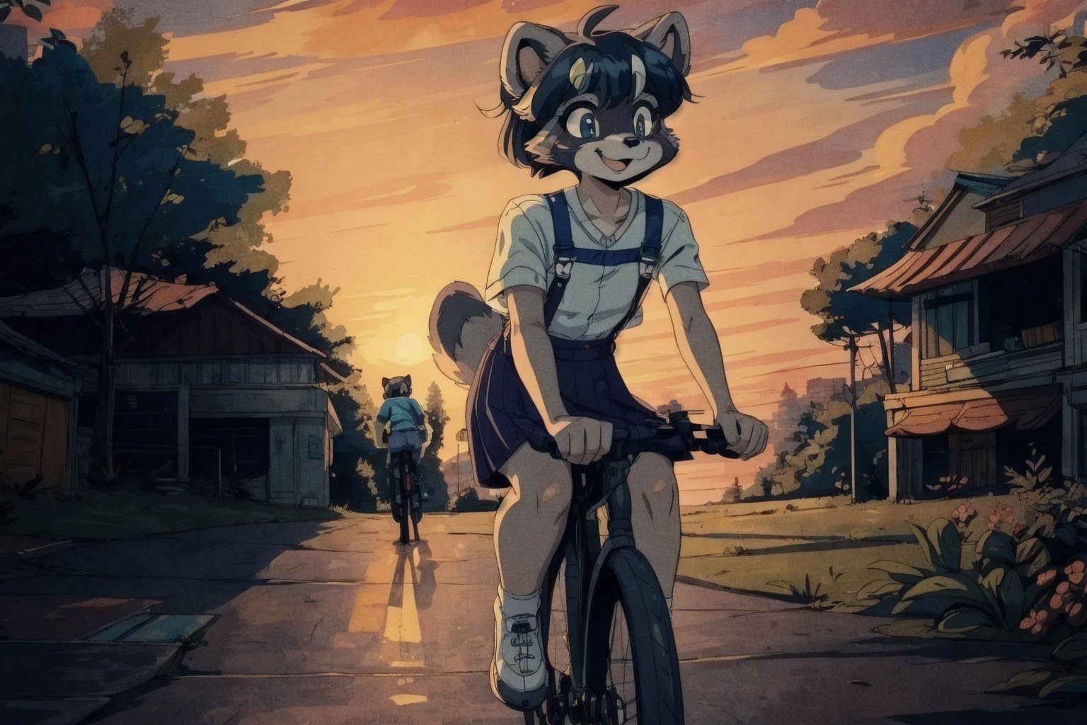 (masterpiece), best quality, (anthro, furry), (raccoon) girl, kawaii, cute, 90s, LOFI, black hair, bob_cut, hair fluttering, aqua eyes, (((grey fur))), (raccoon tail), retro anime, lofi artstyle, loli, overall skirt, shy smile, sunset, riding bicycle, summer breeze