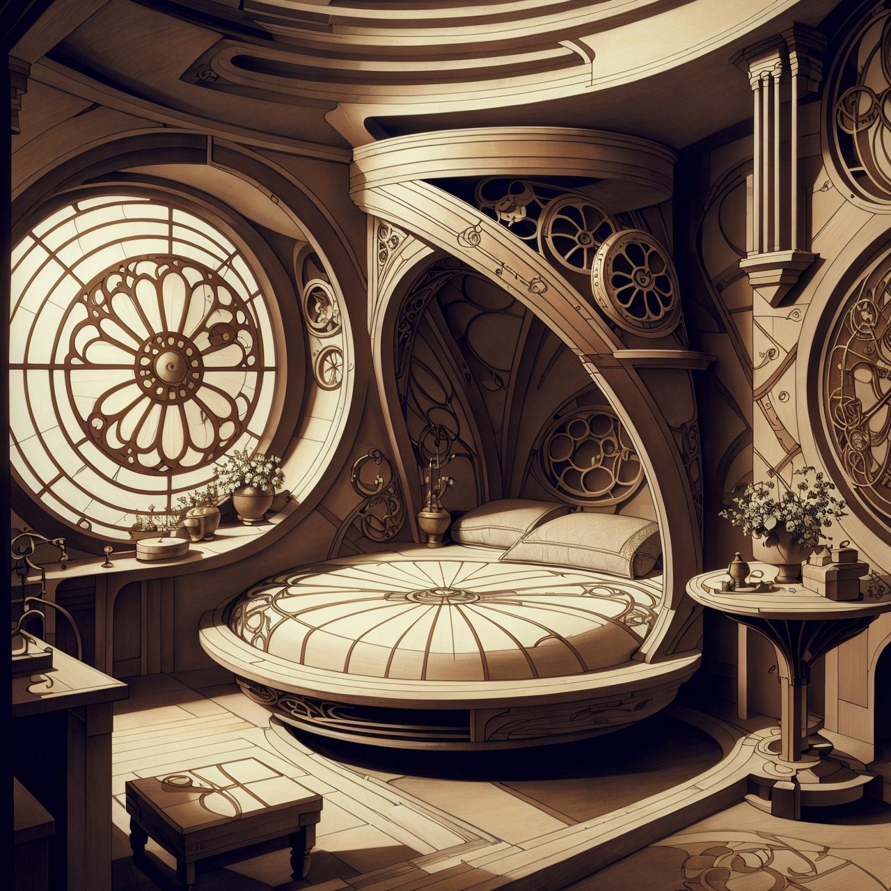 indoors, alcove_bed, alcove, round window, davincitech, art nouveau,hobbit room