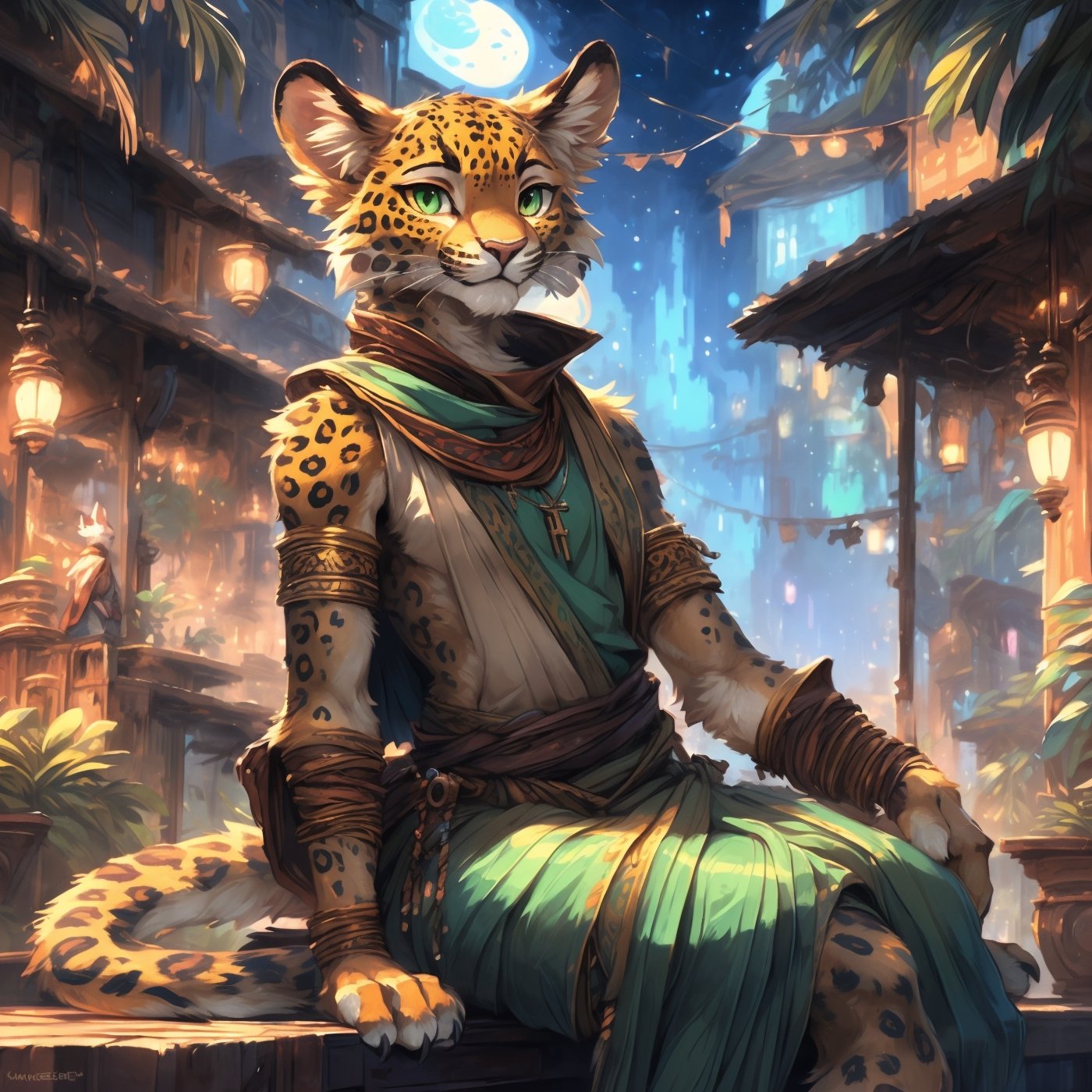 by kenket, by celestespaniel, by bonifasko, by teranen, portrait, (Highest Quality, 4k, masterpiece, Amazing Details:1.1), 1other, solo, ((anthro, furry, kemono, leopard)), tabaxi street urchin, androgynous, beautiful, feminine, pretty, realistic fur, golden fur, detailed fur texture, (flat_chested), light green eyes, wearing a dhoti and saree, Shallow Depth of Field, thin eyebrows, no_hair, bald, smile, flirtatious, sitting, paws, key visual, vibrant, studio anime,furry,FurryCore,Night scene