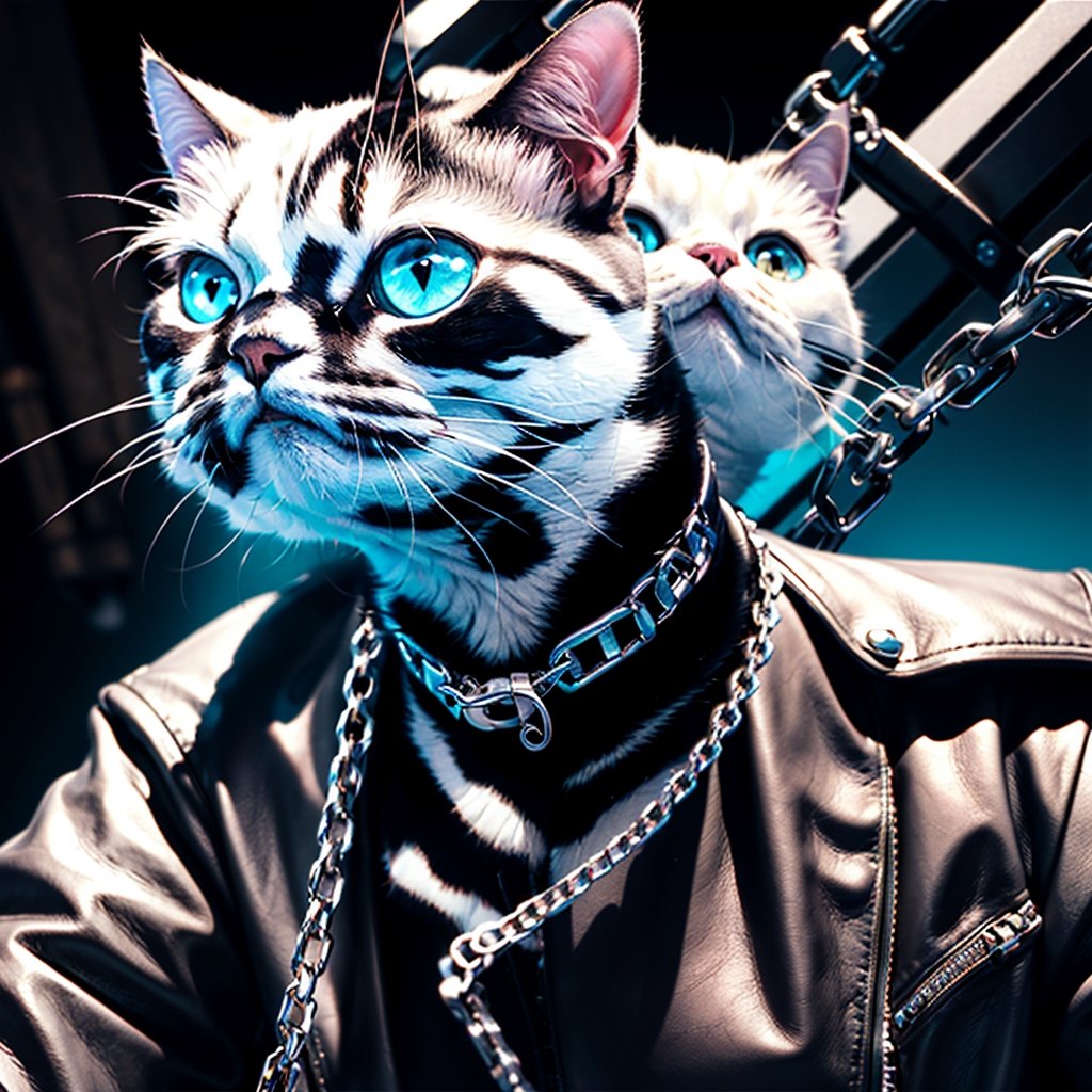 Masterpiece, Rocker CAT (Pussycat, beautiful cat face, white persian cat, leather jacket, silver chains),hardrock,glam rock style,hardrock style,front view, Neon style, 80s age style