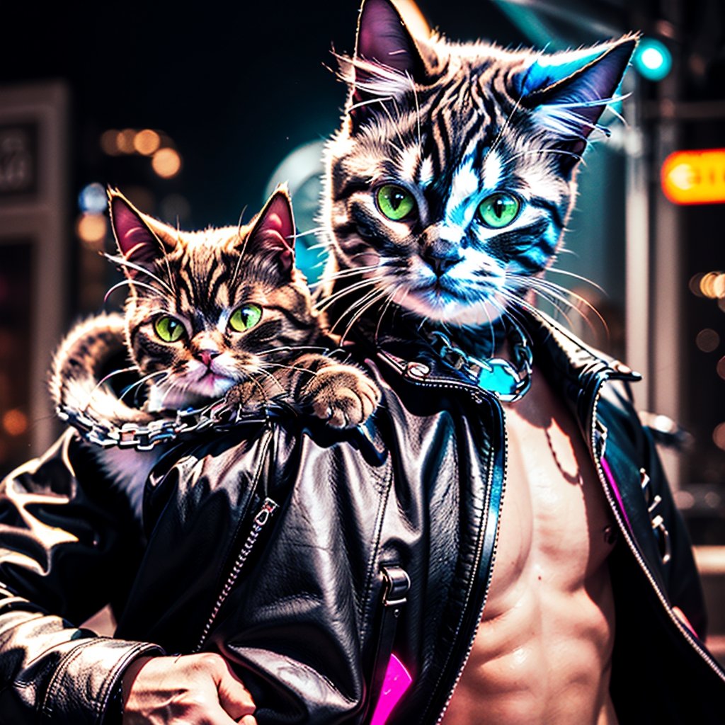 Masterpiece, Rocker CAT (Pussycat, beautiful cat face, persian cat, leather jacket, silver chains),hardrock,glam rock style,hardrock style, Neon style, 80s age style