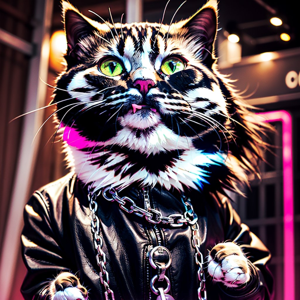 Masterpiece, Rocker CAT (Pussycat, beautiful cat face, persian cat, leather jacket, silver chains),hardrock,glam rock style,hardrock style, Neon style, 80s age style