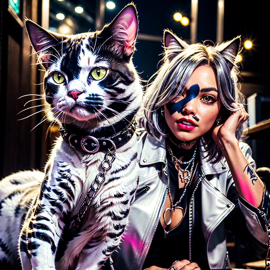 Masterpiece, Rocker CAT (Pussycat, beautiful cat face, white persian cat, leather jacket, silver chains),hardrock,glam rock style,hardrock style, Neon style, 80s age style