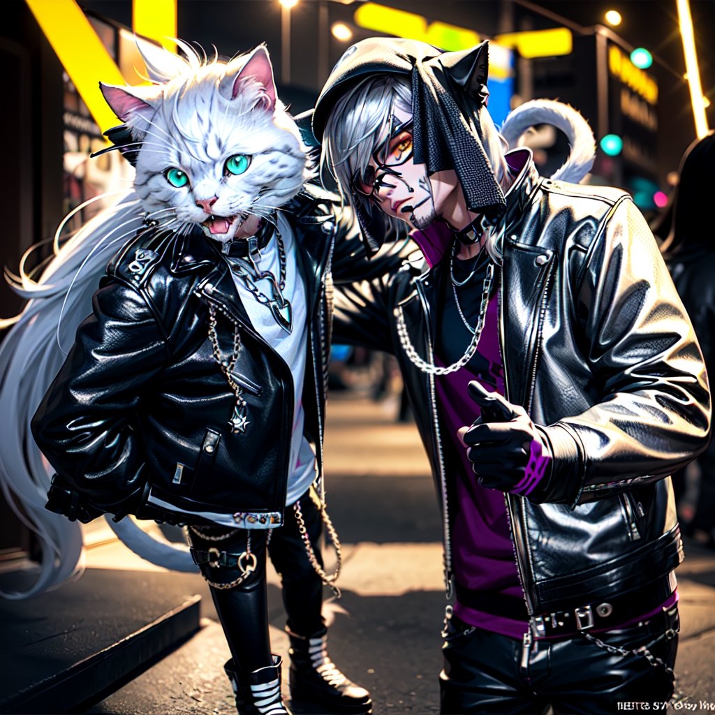 Masterpiece, Rocker CAT (male Pussycat, beautiful cat face, white persian cat, leather jacket, silver chains, biker),Looking at the viewer
,hardrock,glam rock style,hardrock style,front view, Neon style, 80s age style