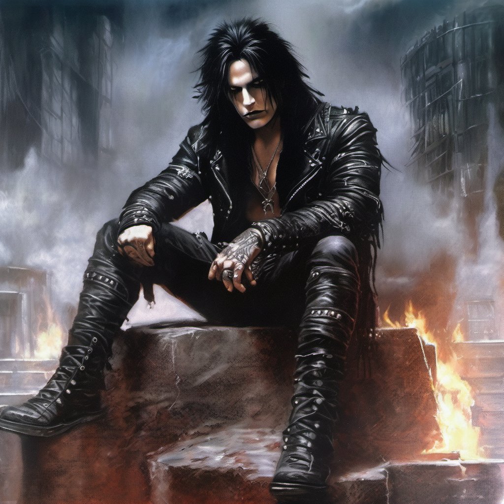 concept art of 1980's Eric Draven choppy hair a manga drawing of a man sitting on a ledge in a burned wrecked city with fi...